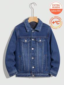 SHEIN 青少年男孩时尚休闲蓝色牛仔布内衬，更加保暖，羊绒翻领内里，舒适保暖，长袖夹克，适合日常穿着和秋冬季儿童服装 - 藍色 - 查看 4