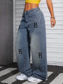 SHEIN ICON Jeans de pierna recta con lavado vintage y bordado de letra - Azul lavado medio - Ver 5