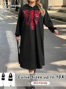 SHEIN CURVE+ Plus Size Autumn Sequin Embroidery Skull Pattern Long Hooded Sweatshirt Dress - Black - View 3