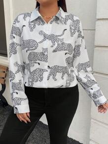 SHEIN LUNE Plus Size Front Button Down Leopard Print Long Sleeve Blouse Going Out Business Casual Office New Years Holiday - Black and White - View 4