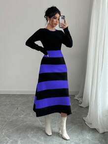 Elenzga Women's Simple Striped Color Blocking Sweater Dress Fall Cloth For Women - Blue - View 5
