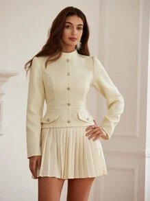 Aveloria Rosie French Retro Waist Cinching Slimming Textured Patchwork Pleated Dress Holiday Party Dress 
