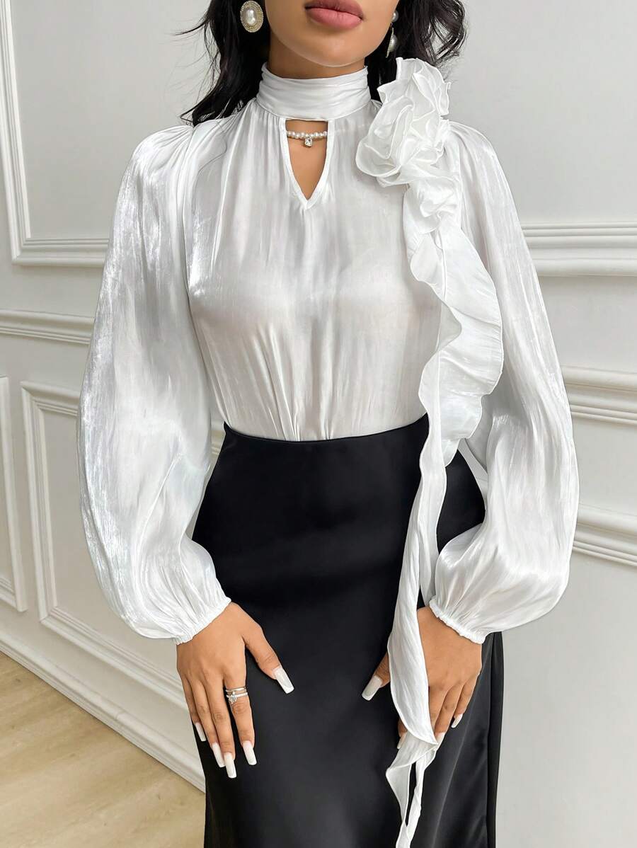 Modelyn Women Elegant Solid Color Keyhole Collar 3D Floral Decor Long Sleeve Blouse, Autumn - White - View 1