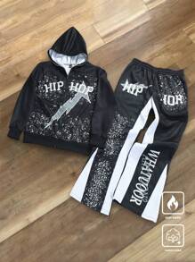 Manfinity Roghcode Men's Autumn Letter Print Long Sleeve Zip Closure Hoodie And Sweatpants Casual 2 Pieces Set - Black - View 1