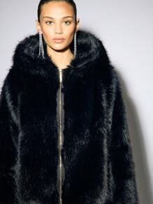 AiiRZ Luxury Faux Fur Winter Hooded Zip Jacket Elegant Holiday Party Evening Outerwear Glamour Statement Long Sleeve Special Occasion Coat - Black - View 4