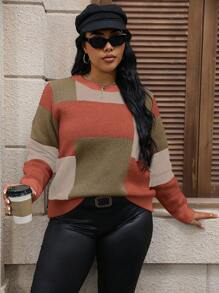 Calvaya Plus Size Crew Neck Long Sleeve Patchwork Minimalist Casual Pullover Sweater, For Winter Knit Pullover Fall - Burnt Orange - View 4