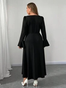 Flirla Đầm Maxi Tay Loe Cổ Vuông Thanh Lịch Ngọt Ngào Cho Nữ Cỡ Lớn Có Nơ Ngọc Trai Trang Phục Nữ - màu đen - Xem 2