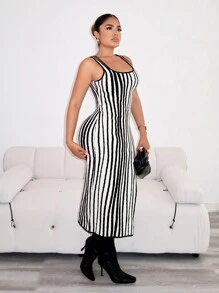 Zolique 女士针织条纹方领无袖高开衩长款毛衣连衣裙 - 黑與白 - 查看 3