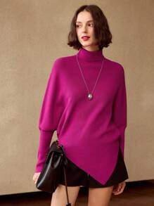 MOTF PREMIUM SOLID HIGH NECK ASYMMETRICAL HEM SWEATER - Hot Pink - View 4