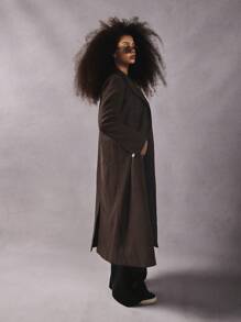 Athîral 女士前扣长袖简约长款针织开衫 - 巧克力棕 - 查看 2