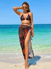 Conjunto de 3 piezas de traje de baño para mujer: traje de baño sexy con estampado de teñido anudado y falda maxi de playa de verano