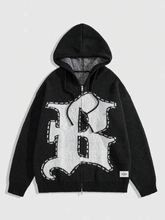 Street Life Men's Casual Street Style Letter Graphic Drop Shoulder Loose Zip Up Drawstring Hooded Cardigan