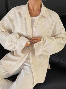 DAZY Women Solid Color Front Buttoned Casual Long Sleeve Blouse - Beige - View 5