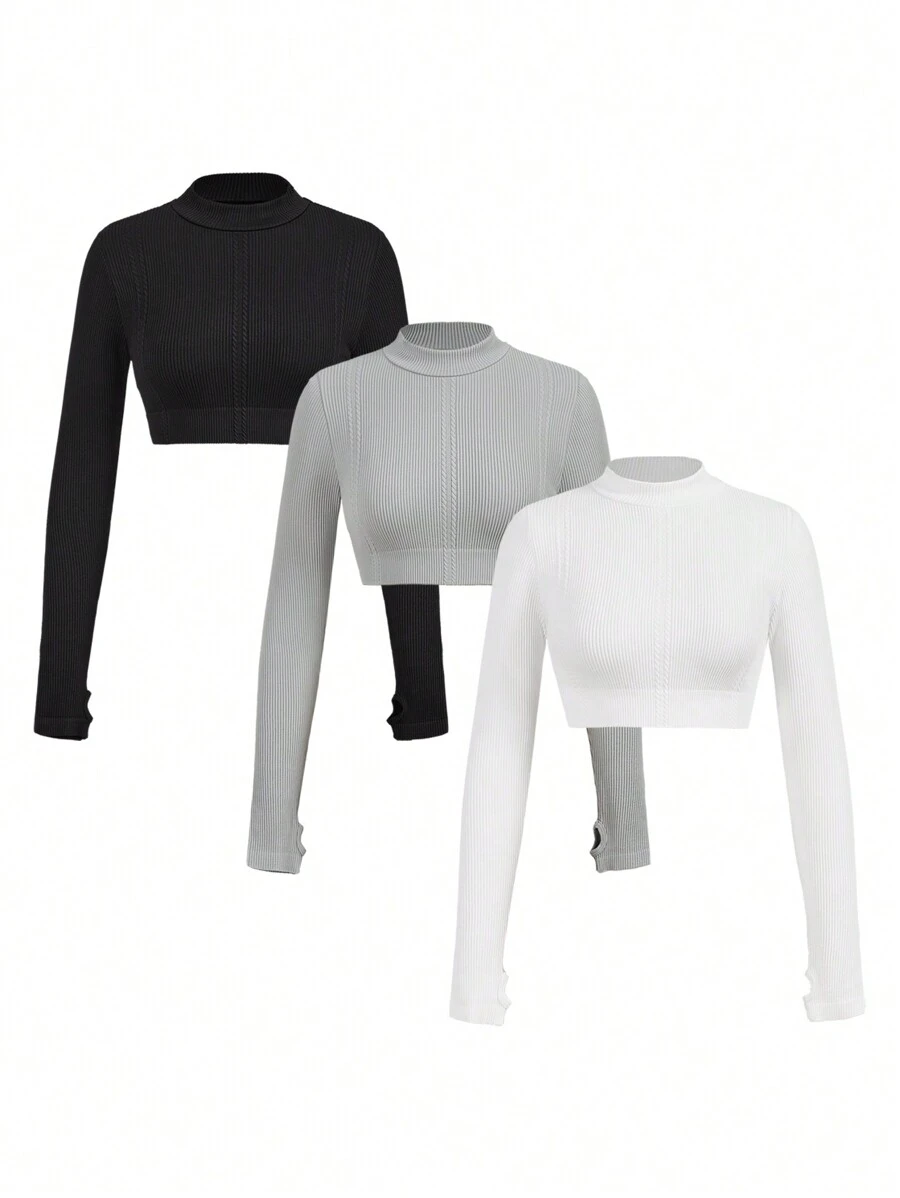 Easithlete Top corto de manga larga con cuello mao de unicolor para mujer, uso casual diario - Multicolor - Ver 1