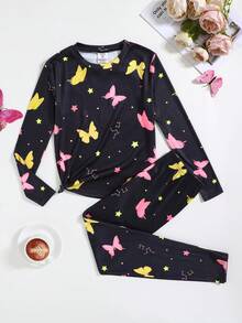 SHEIN Bộ 2 món/Bộ đồ ngủ in hình bướm dễ thương vừa vặn cổ tròn dài tay và quần dài cho bé gái tuổi teen - Nhiều màu - Xem 4