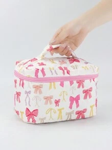 Duchess Plum Artist Girlcore 粉色蝴蝶结图案便携式化妆包，适合节日、新年、情人节