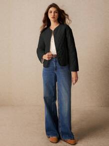 Poéselle Manteau court rembourré à manches longues et col pour femmes, de couleur unie, pour l'hiver
