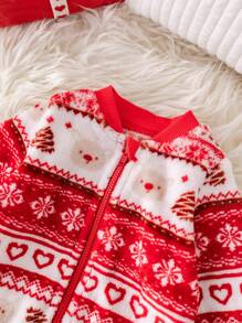 SHEIN Newborn Baby Boy Christmas Cute Bear, Christmas Tree, Heart Pattern Soft Comfortable Thermal Lined Zip-Up Jumpsuit, Warm Sleepwear - Red and White - View 6