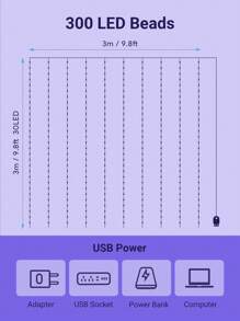 Teckwe LED Curtain Lights, 3*3m LED Curtain String Lights, 8 Lighting Modes With Remote Control Fairy Lights, USB Powered Waterproof, Suitable For Christmas, Wedding, Party, Home, Garden, Bedroom, Wall Decor