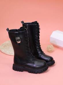 Giày bốt mùa đông cho bé gái phong cách mới cỡ trung - Giày bốt cổ dài mũi tròn đế bằng đi xe máy cho trẻ em, da - màu đen - Xem 3