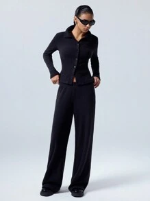 LYSMO Set de 2 piezas de pantalones de manga larga con botones y unicolor casual