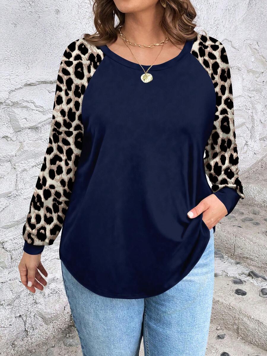 SHEIN LUNE 大码女式休闲豹纹插肩袖圆领宽松 T 恤，适合秋冬季 - 藍色 - 查看 1