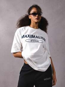 Athîral 女士字母印花落肩宽松休闲 T 恤 - 白色 - 查看 4