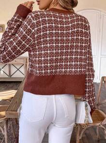 SHEIN LUNE Cárdigan casual con botones delanteros y estampado a cuadros, de manga larga y versátil