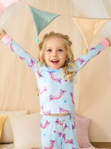 SHEIN 2pcs Baby Girls Rainbow Bear Print Snug Fit Long Sleeve Top And Leggings Loungewear Set, Fashionable & Cute - Multicolor - View 5