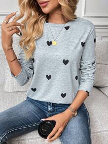 SHEIN LUNE Camiseta gris básica de mujer con gráfico de patrón de corazón, apta para el Día de San Valentín y Navidad - Gris - Ver 4