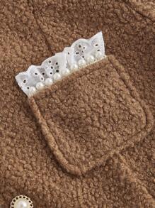 SHEIN MOD Women Brown Faux Lamb Wool Faux Pearl Lace Trim Vintage Short Jacket, Winter Outerwear,Winter Women Coat,Fluffy Coat, Teddy Coat