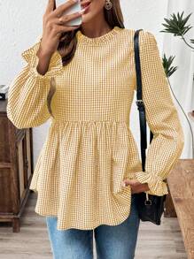 SHEIN LUNE Neckline Ruffle Hem Gingham Long Sleeve Casual Blouse With Frilled Edges On The Sleeves And Collar