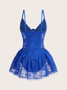 SHEIN ICON 三角杯蕾丝拼布 W 形带钢圈金属纽扣吊带连衣裙