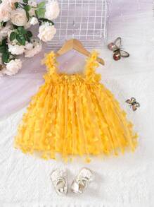 SHEIN Baby Girl's Butterfly Applique Stylish Tiered Dress With Straps - Yellow - View 2