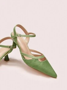 CUCCOO DOLLMOD Oriental Style Retro Floral Graphic Hollow Design Women's Pointed Toe Stiletto Heel Mid-Heel Pumps, Elegant Commuter Classic Vintage Personalized Green Satin Faux Leather, Suitable For Office, Dating, Formal Occasions, Banquet For Christmas And New Year Holiday Vibe Fall And Winter - Green - View 6