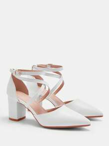CUCCOO BIZCHIC Femmes Mode Blanc Bride À La Cheville Croisé Bout Pointu Talons Hauts Épais, Convient Pour Le Trajet, Le Rendez-Vous, La Fête, Les Courses, Les Vacances - Blanc - Voir 9