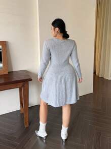Flirla A-Line High Waist Midi Sweater Dress, Versatile For Autumn/Winter - Grey - View 2