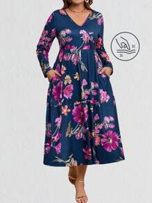 EMERY ROSE Großen Größen Winter Damen V-Ausschnitt Blume Muster Wickelkleid mit Langarm, elegant für Frauen
