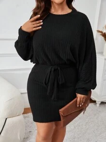 SHEIN VCAY 1 件大码纯色蕾丝拼布长袖休闲迷你连衣裙 - 黑色 - 查看 6