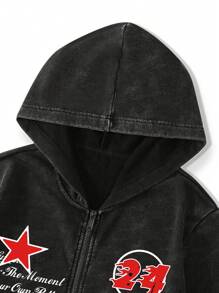 Manfinity EMRG 男士火焰印花连帽拉链运动衫，带口袋，长袖连帽运动衫，拉链字母连帽衫，适合送给朋友、丈夫、男朋友的礼物，emo 风格，2000 年代风格 - 黑色 - 查看 4