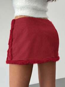 Aloruh Women Vintage Patchwork Furry Deer Velvet Warm And Sexy A-Line Skirt, Autumn/Winter - Red - View 3