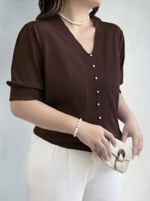 EMERY ROSE Plus Size Solid Color Short Sleeve Front Button Casual Pullover Knit Top, For Winter Knit Pullover Fall Autumn - Coffee Brown - View 1