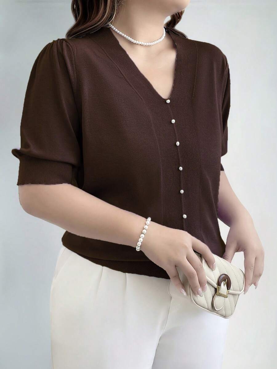 EMERY ROSE Plus Size Solid Color Short Sleeve Front Button Casual Pullover Knit Top, For Winter Knit Pullover Fall Autumn - Coffee Brown - View 1