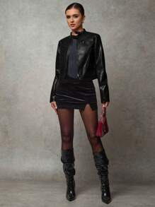 SHEIN BAE Giacca da donna in bordeaux per l'inverno, giacca in pelle da donna, cappotto da donna per l'autunno, abbigliamento da donna con chiusura lampo, decorata con texture vintage, giacca in PU bordeaux da donna per l'inverno, giacca invernale imbottita calda, giacca in pelle corta - nero - Visualizzare 4
