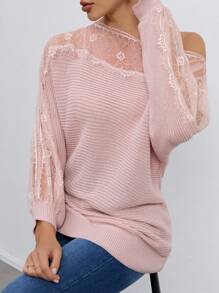 SHEIN Tall Áo len dài tay cổ thuyền cánh dơi ren tương phản - Màu Hồng baby - Xem 3