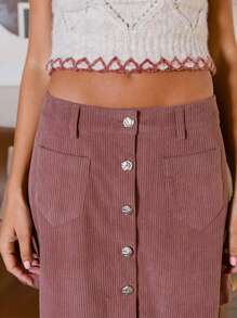 Aralina Western Patch Pocket Button Thru Cord Mini Skirt - Red - View 4