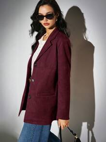 Poéselle Women's Suede Pockets Solid Color Turndown Collar Long Sleeve Casual Loose Coat