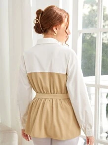 SHEIN Teen Girl Autumn And Winter/Elegant Commuting/White Khaki Contrast Stitching Woven Long-Sleeved Waist Shirt - Camel - View 2
