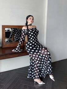 Celure 大码女式复古浪漫波尔卡圆点印花露肩修身喇叭袖连衣裙，优雅适合情人节舞会 - 彩色 - 查看 4