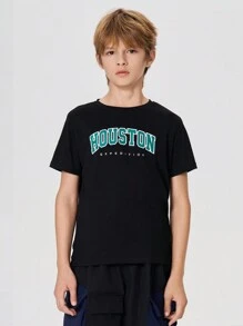SHEIN Camiseta de manga caída con estampado de letras para niño preadolescente, uso casual diario de verano - Negro - Ver 1